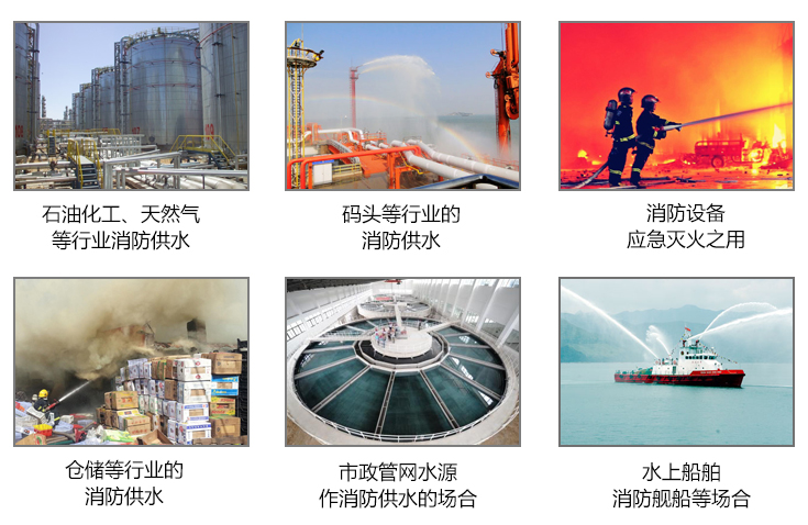 石油化工天然氣、碼頭、消防設(shè)備應(yīng)急滅火、倉儲、市政管網(wǎng)水源、船舶等場合